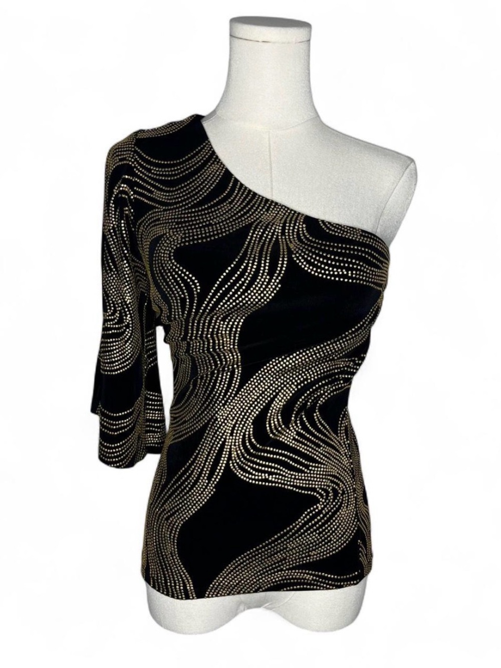 Y2K Vintage Cache Black Gold Studded One Shoulder Split Bell Sleeve Top